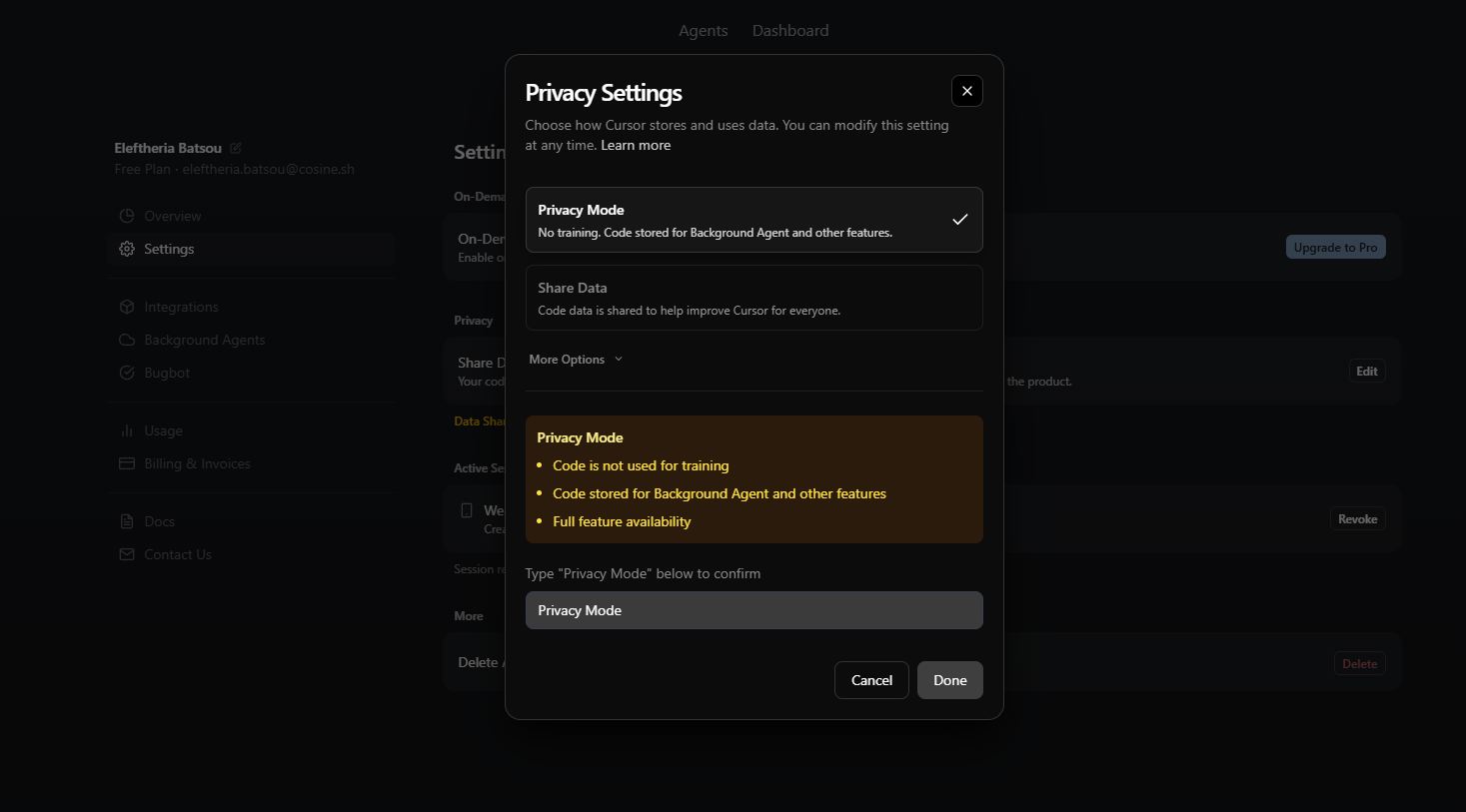 1. cursor - privacy mode